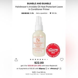 NEW Bumble and Bumble Hairdresserd invisible oil heat/Uv protective primer